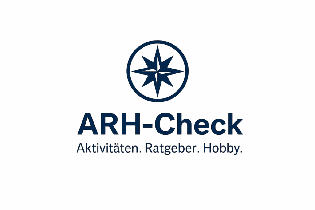 Logo von ARH-Check mit moderner Kompassrose als Symbol, darunter der Slogan „Aktivitäten. Ratgeber. Hobby.“ in klarer, seröser Schrift.