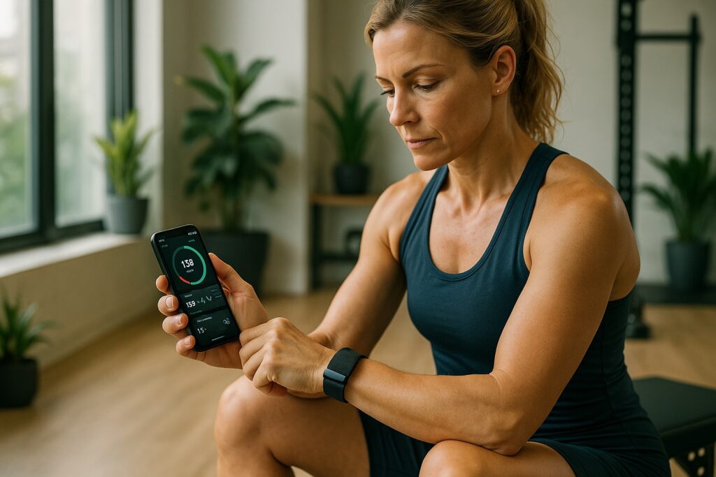 <img decoding= Sportliche Biohackerin mit WHOOP Strap analysiert Leistungsdaten in moderner, heller Gym-Umgebung.