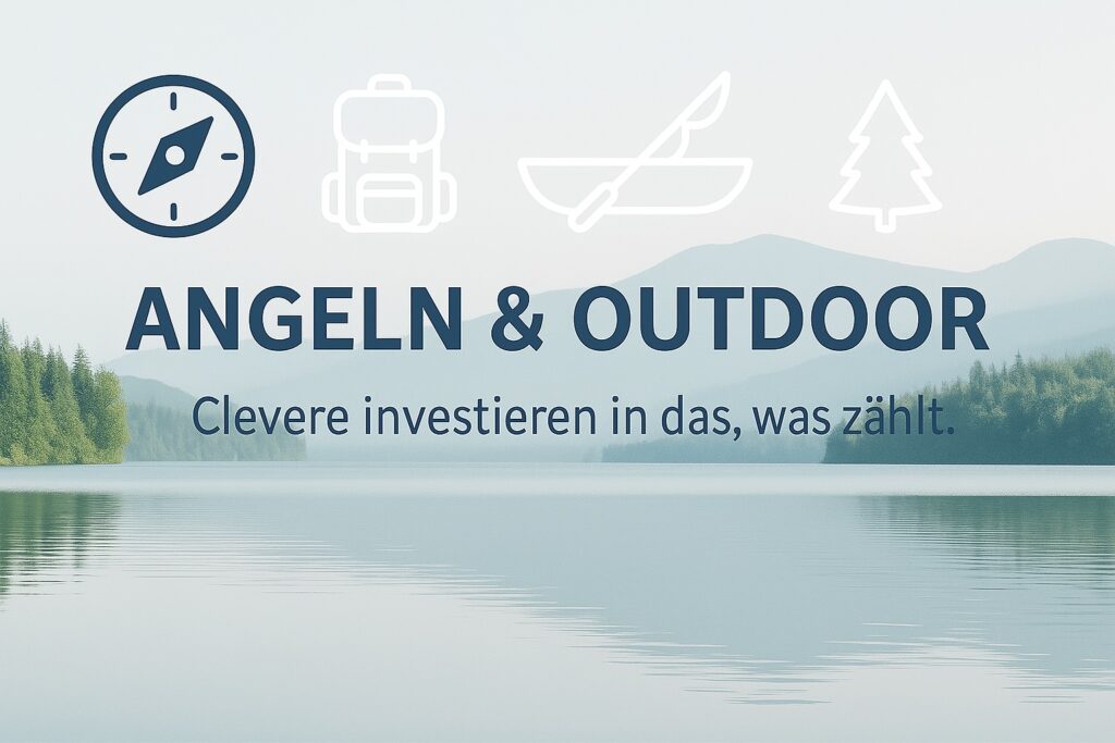 Symbolgrafik für die Kategorie Angeln & Outdoor auf ARH-Invest.de mit Rucksack, Kanu, Angel und Tannenwald im Hintergrund