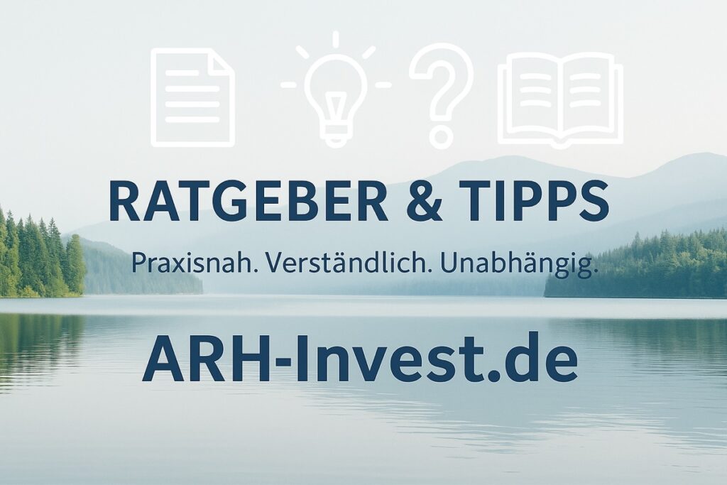 Ratgeber & Tipps Banner auf ARH-Invest.de mit Icons für Wissen, Ideen und FAQs vor naturinspiriertem Hintergrund – praxisnahe, verständliche, unabhängige Guides.