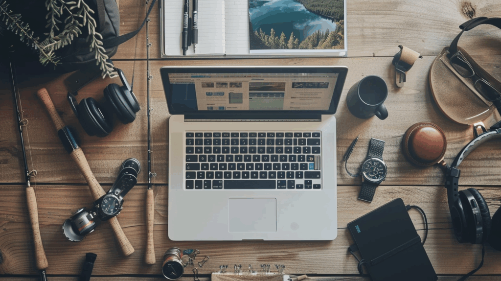 Flatlay mit Laptop, Angelzubehör, Technik-Gadgets und Notizbuch für Produkttests auf weißem Schreibtisch