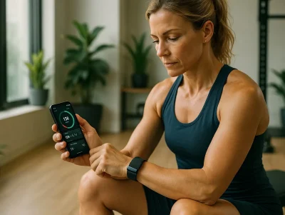 Frau überprüft ihre Herzfrequenz mit Fitness-App und Smartwatch nach dem Training im Studio