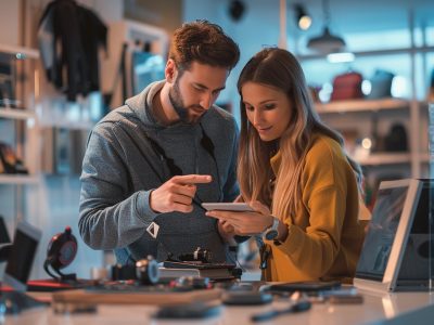 ARH-Check – Persönliche Produkttipps im direkten Gespräch Produktberater spricht mit Kunde im modernen Showroom – persönliche Beratung zu Angelrolle, Smartwatch und Küchengerät