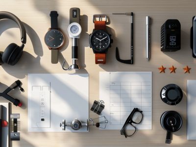 ARH-Check – Der Bewertungsprozess im Detail in aufgeräumter Testarbeitsplatz mit verschiedenen Produkten in der Bewertung – Smartwatch, Angelrolle, Kopfhörer, Haushaltsgeräte und Bewertungsskala