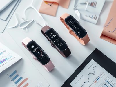 Produktvergeleich Top-down image of a product comparison scene: three different fitness trackers placed side by side, next to comparison charts and handwritten evaluation notes, minimal background, realistic light, professional test setup --ar 4:3 --raw --v 6 Job ID: 19398148-d7cb-4e60-b74f-4a3bf23ad587