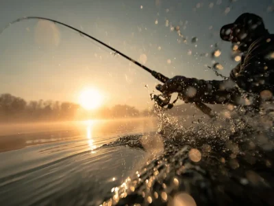 Angler wirft Spinnrute bei Sonnenaufgang – Wasserspritzer, Action und Fokus auf Angeltechnik