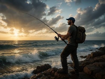 Fischer am Meer mit Angelrute auf felsiger Küste bei Sonnenuntergang