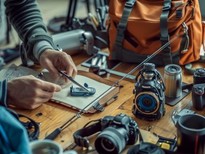 Realistische Szene mit Produkttester am Tisch und getesteten Artikeln aus verschiedenen Bereichen wie Angeln, Technik und Outdoor