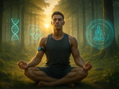 Athletische Person meditiert im Wald mit modernen Biohacking-Geräten und biometrischen Anzeigen