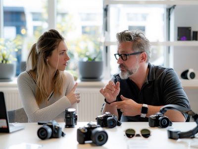 Ein Mann berät eine Frau bei der Auswahl von Technikprodukten am Tisch