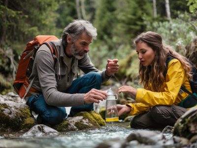Outdoor-Anleitung: Mann zeigt Frau, wie man einen Wasserfilter richtig benutzt